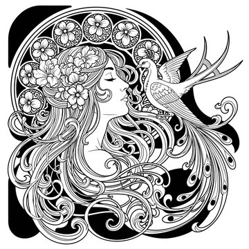 Art Nouveau Woman with Flowers and Bird, Elegant Line Art Illustration