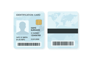 Front and back view of identity card with barcode and chip design