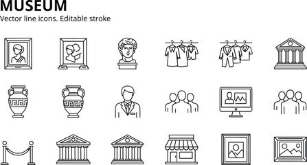 Museum and gallery line icon set featuring classical art sculpture ancient vases and cultural architecture for arts education © Bappi