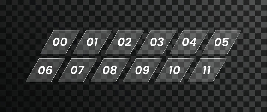 Modern glass number set from 00 to 11 on transparent background, futuristic countdown tiles for UI, infographic, timer, and digital display design
