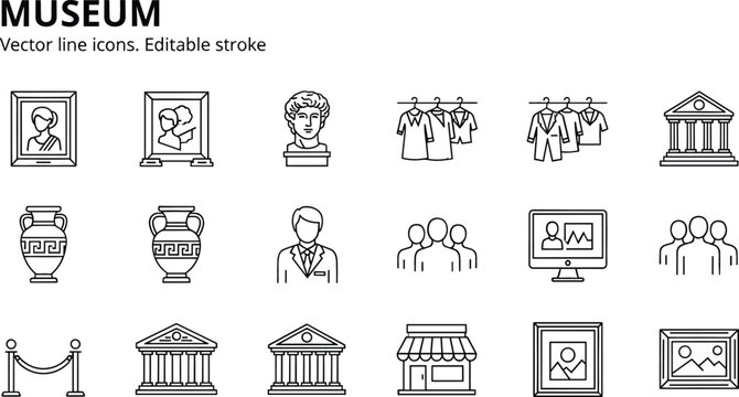 Museum and gallery line icon set featuring classical art sculpture ancient vases and cultural architecture for arts education
