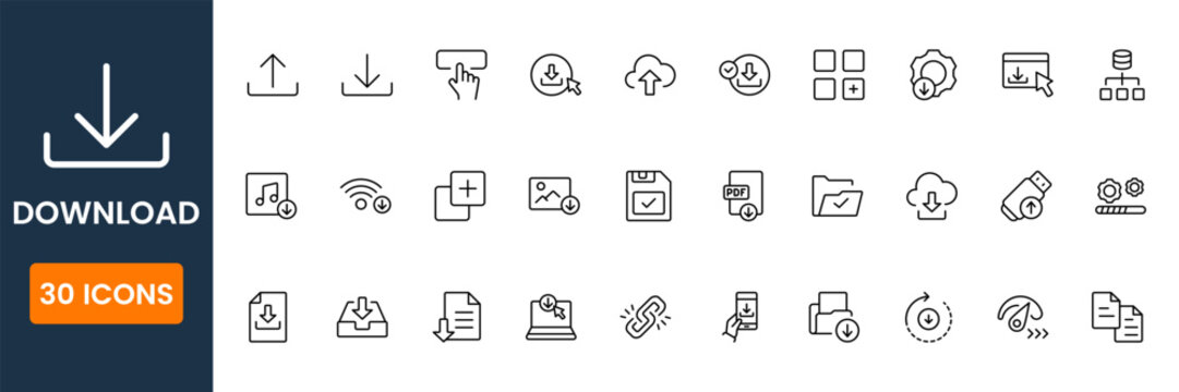 download icon set, file transfer and data saving symbols, arrow down cloud download vector icons, modern UI download icons
