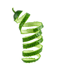 Fresh green cucumber spiral floating with transparent background