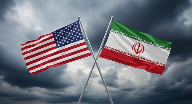 Us and iran flag flying together in cloudy sky