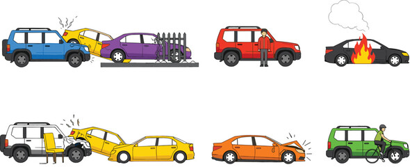 Fototapeta premium Set of car accident and vehicle damage icons featuring collisions fires and road safety scenarios for insurance design