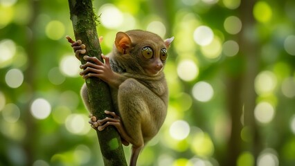 Fototapeta premium Tarsier Climbing Tree Trunk in Forest.