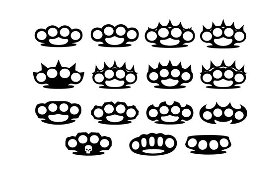 Collection of black silhouette brass knuckles with various designs and styles