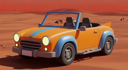 Obraz premium Vibrant orange convertible car driving through desert landscape