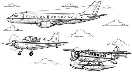 Hand drawn aircraft illustration set, passenger airplane, propeller plane, seaplane sketch collection, aviation transport line art, isolated background design © MDKANAL