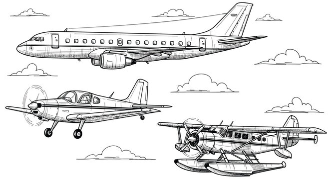 Hand drawn aircraft illustration set, passenger airplane, propeller plane, seaplane sketch collection, aviation transport line art, isolated background design
