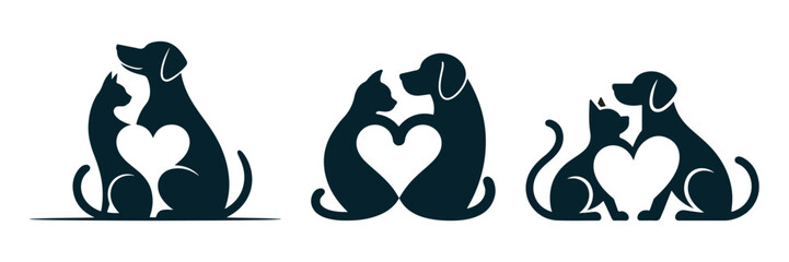Obraz premium Three minimalist dog and cat silhouettes forming hearts