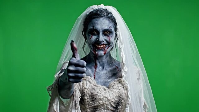 A smiling zombie bride with blue-grey skin, bloody mouth, and veil, gives a thumbs up