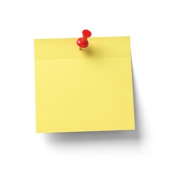 A yellow sticky note with a red push pin