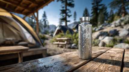 Fototapeta premium Photorealistic titanium water filter resting on camping table in outdoor shelter, clean minimalist design, reflective metal surface, water droplets and condensation, forest campsit