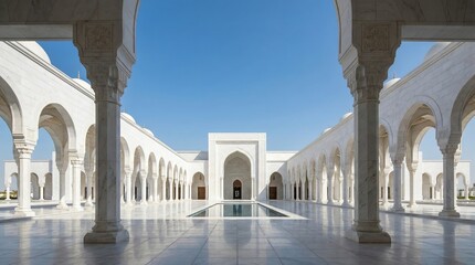 Obraz premium White Marble Mosque Courtyard with Reflection Pool Framed by Arched Columns under Blue Sky - Modern Islamic Architecture Concept