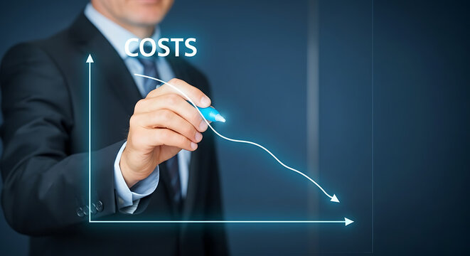 Businessman drawing decreasing costs graph with blue marker