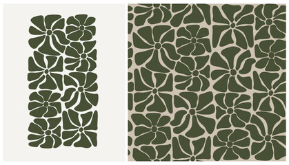 Seamless Floral Vector Pattern And Modern Illustration With Bold Geometric Flower Motifs. Abstract Floral Hand Drawn Design Perfect  For Fabric, Wallpaper, Packaging And Modern Decorative Projects. © Magdalena