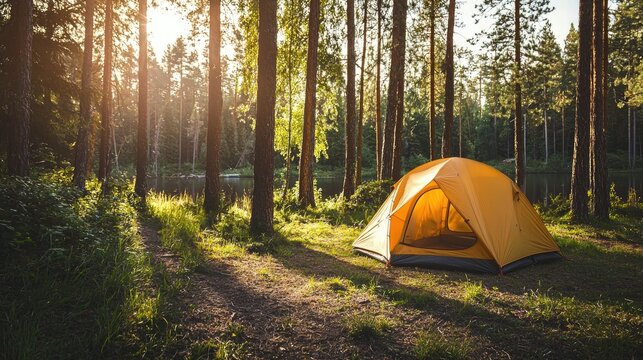 A yellow tent pitched in a forest with a lake in the background.