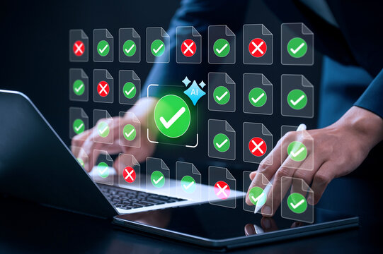 AI document approval and reject detection system. businessman using AI document verification with automation of checklist approval, error review, file verification, and secure data processing