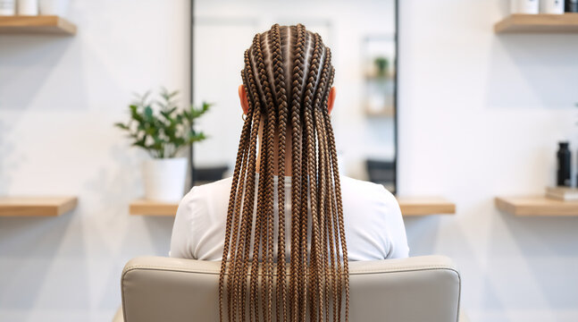 Rear view of long brown cornrow braids in a modern salon. Intricate braided hairstyle on a person sitting in a studio chair. Hair care and professional styling concept