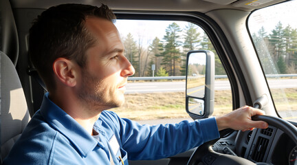 Male truck driver driving commercial vehicle on highway. Professional trucker in blue uniform inside cabin looking at road. Transportation and logistics industry concept