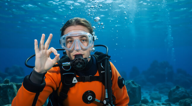 Scuba diver making ok hand gesture underwater. Young man in orange wetsuit diving in blue ocean water. Professional diving instructor communicating safety sign
