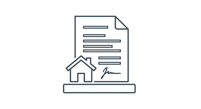 Simple line art icon representing a legally binding document for property transfer featuring a house silhouette and an official signature.