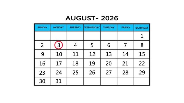  The calendar of august month 3th day is red circled, looped animation. A very important date in the calendar. Signing a day on a calendar. white background