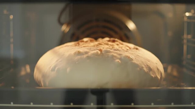 Freshly baked bread rising in a modern oven, capturing the warmth and comfort of a home kitchen scene from a close-up viewpoint.