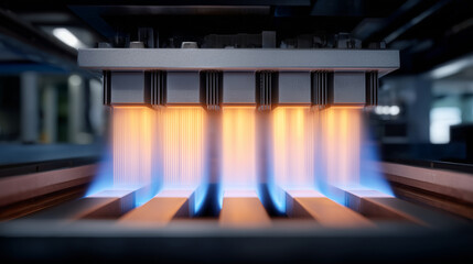 Macro view of TEG module under operation, hot and cold sides clearly distinguishable, thermal imaging effect applied, copper and ceramic materials emphasized, shallow depth of fiel