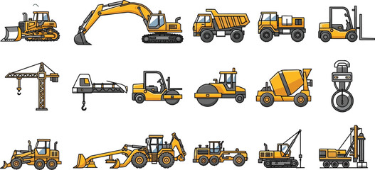 Construction heavy equipment flat line icon set with excavator, bulldozer, crane, dump truck, roller and industrial machinery vector illustration © MdMostafijur