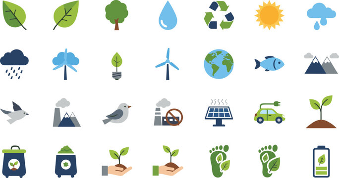Eco Environment And Sustainability Icon Set Featuring Renewable Energy, Recycling, Nature Conservation And Green Technology Vector Collection