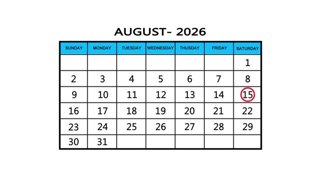  The calendar of august month 15th day is red circled, looped animation. A very important date in the calendar. Signing a day on a calendar. white background