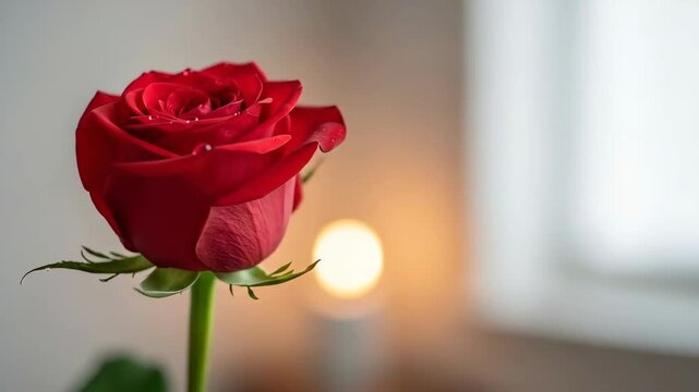 A close-up view of a vibrant red rose with dew drops in a softly lit background