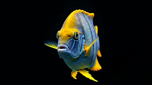 A vibrant blue and yellow fish swims alone viewed from the side in a dark aquatic environment.