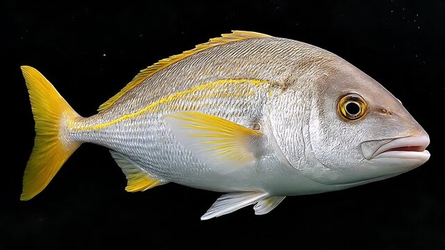 A yellowtail snapper fish is swimming near the surface of the ocean, viewed from the side in a clear aquatic environment naturally.