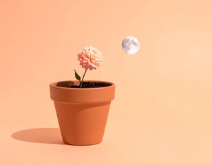 Whimsical Metaphor of World Growth with Moon and Flower Pot