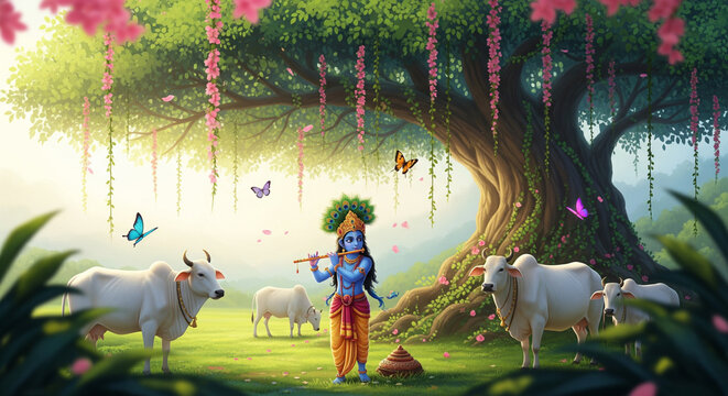 Cute Krishna Playing Flute in Nature &ndash; Fantasy HD Krishna Wallpaper for Desktop & Tablet