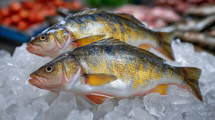 Whole freshwater perch on crushed ice, scales glimmering orange and gold, ice crystals forming tiny highlights, market-ready freshness