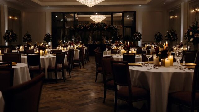 Elegant wedding reception venue decorated with floral arrangements and candle lighting creating romantic ambience for celebrations and special events