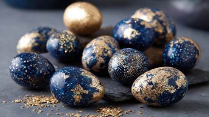 Obraz premium Decorative eggs with gold and blue colors for a special occasion