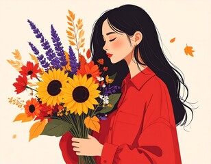 Woman with dark hair in red shirt holds colorful autumn bouquet in digital art illustration against a neutral backdrop