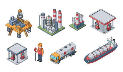 Naklejka premium Isometric oil and gas industry vector set with refinery drilling platform worker gas station tanker truck and ship isolated on transparent background