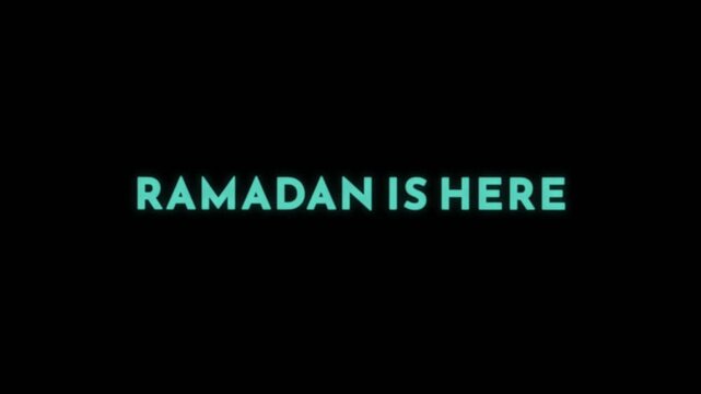 Clean glowing Ramadan Is Here text animation on dark background, ideal for Ramadan announcements, religious videos, spiritual greetings, and modern motion graphics.