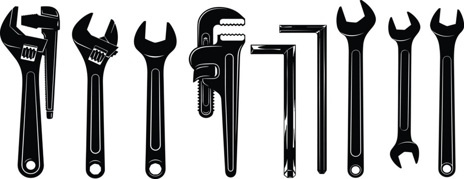 Set, of, Black, Silhouette, Vector, Icons, Featuring, Various, Professional, Wrench, Tools, and, Hex, Keys, for, Construction, Repair, Hardware, Industry, and, Engineering, Designs