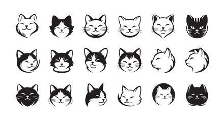 Collection of cute cartoon cat faces with various expressions and poses
