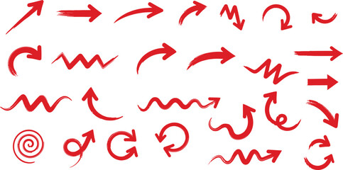 A collection of various hand-drawn red arrows in different shapes and directions, including zigzag, curved, and straight lines, isolated on a white background.