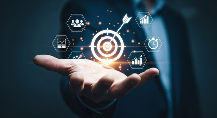 Fototapeta premium Business Goal Target on Hand Concept with Arrow Growth Diagram Success Strategy Teamwork Time Document Vision Mission Aim Objective Idea Solution