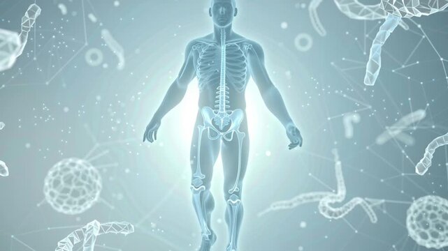 Holographic human skeleton floating in medical digital environment