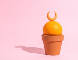 Tiny Moon and orange Sprouting from Flower Pot in Pastel Orange Scene